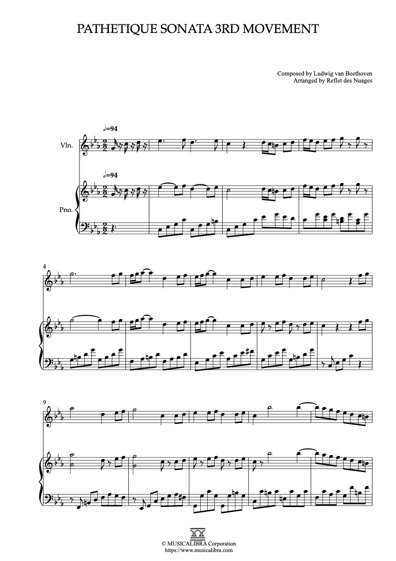 Partitura de Beethoven Pathetique Sonata 3rd Movement arreglada para dueto de violín y piano