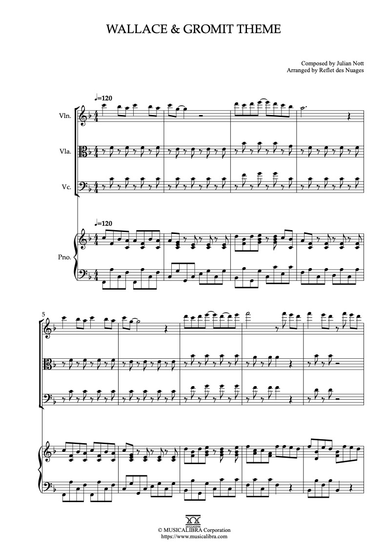 Wallace & Gromit Theme 四重奏 乐谱 - 小提琴, 中提琴, 大提琴, 钢琴