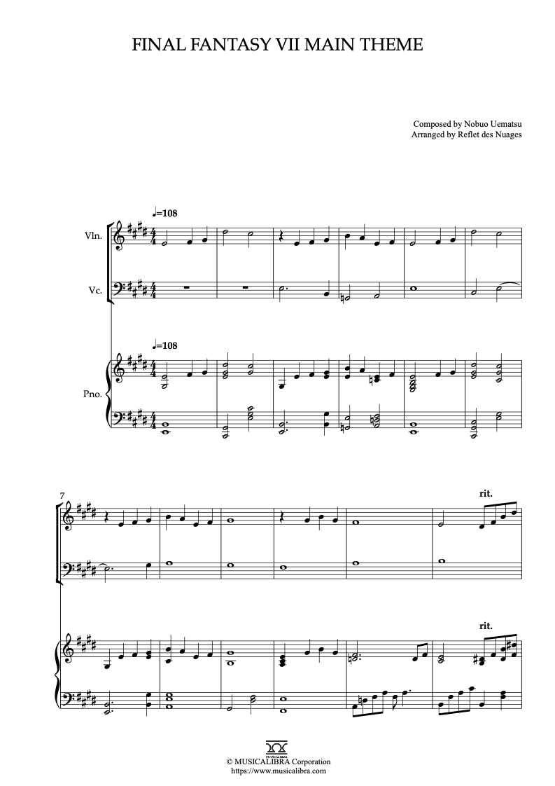 Sheet music of Final Fantasy VII Main Theme arranged for violin, cello and piano trio chamber ensemble preview page 1