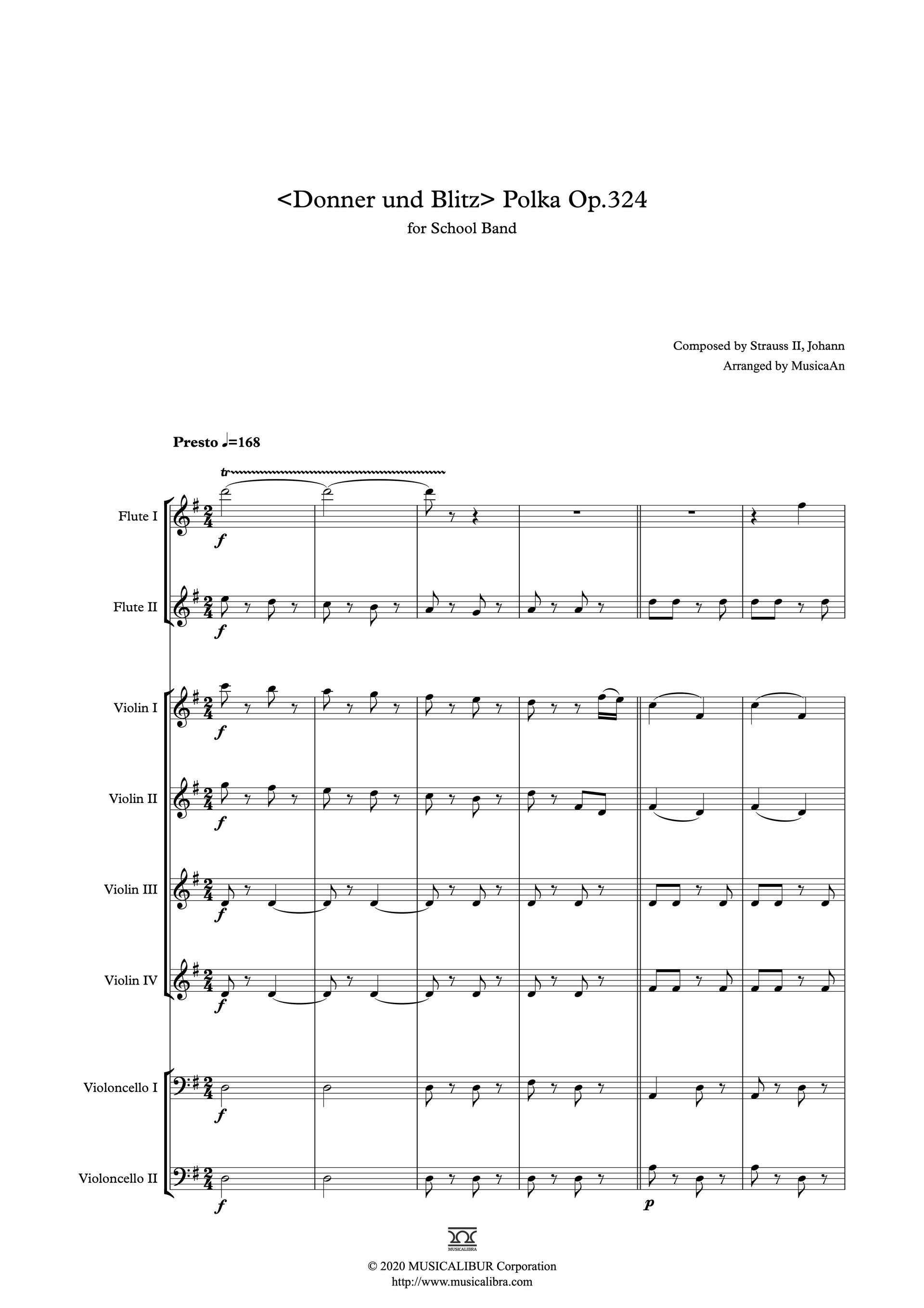 Sheet music of Johann Strauss II's Donner und Blitz Polka Op. 324 arranged for school band preview page 1