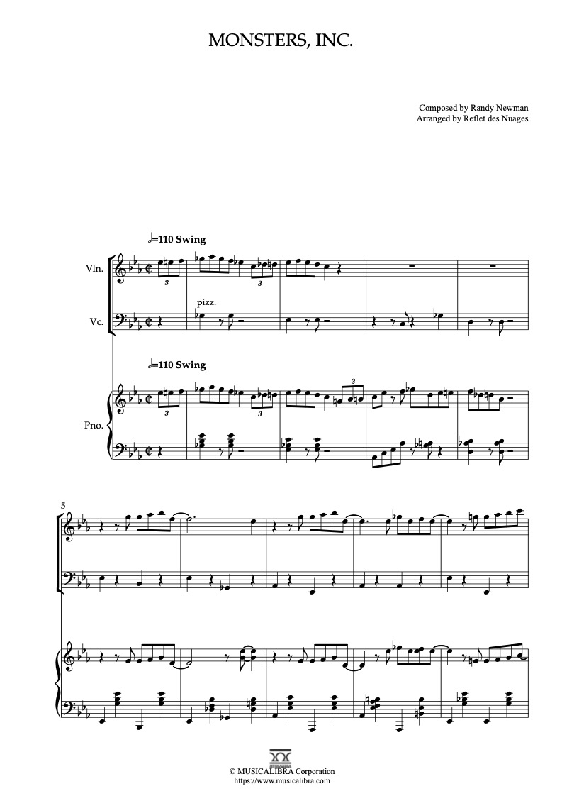 Partitura de Monsters, Inc. arreglada para trío de violín, violonchelo y piano