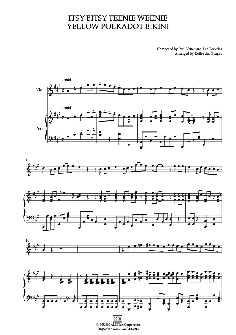 Partitura de Itsy Bitsy Teenie Weenie Yellow Polkadot Bikini arreglada para dueto de violín y piano
