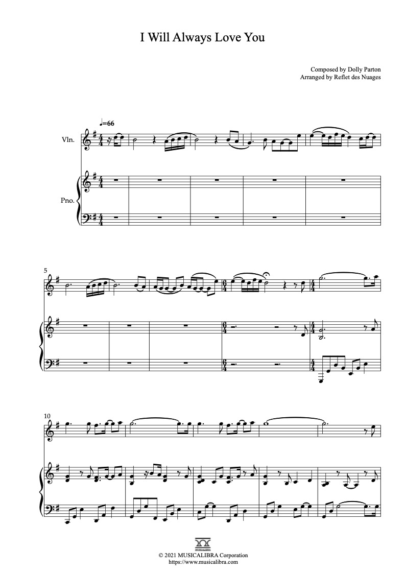 Partitura de I Will Always Love You arreglada para dueto de violín y piano