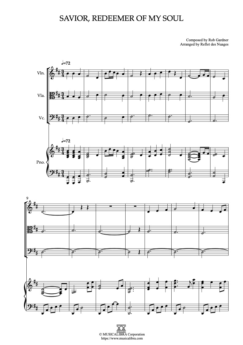 Partitura de Savior, Redeemer of My Soul arreglada para cuarteto de violín, viola, violonchelo y piano