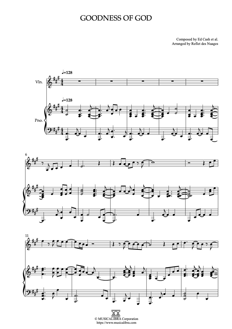 Partitura de Goodness of God arreglada para dueto de violín y piano