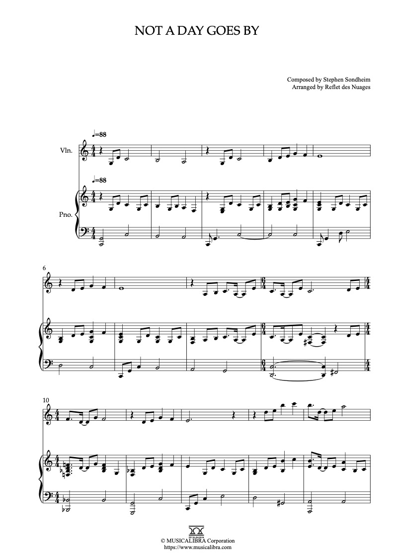 Sheet music of Stephen Sondheim Not a Day Goes By arranged for violin and piano duet chamber ensemble preview page 1