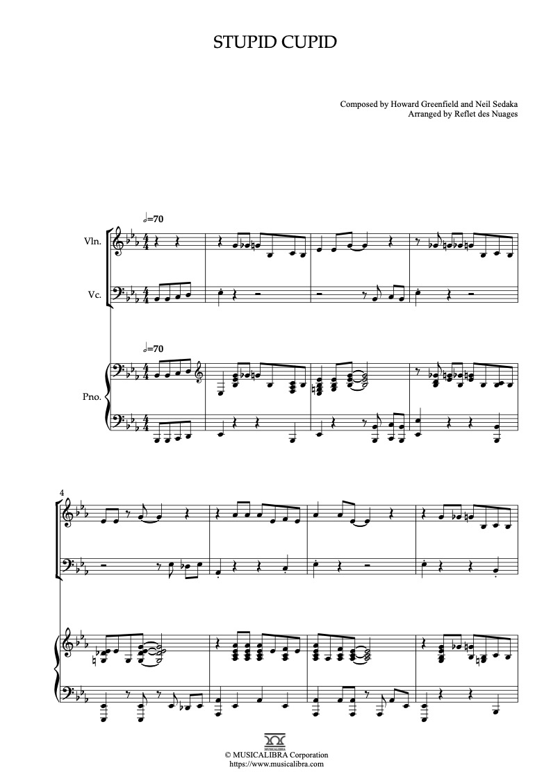 Sheet music of Connie Francis Stupid Cupid arranged for violin, cello and piano trio chamber ensemble preview page 1