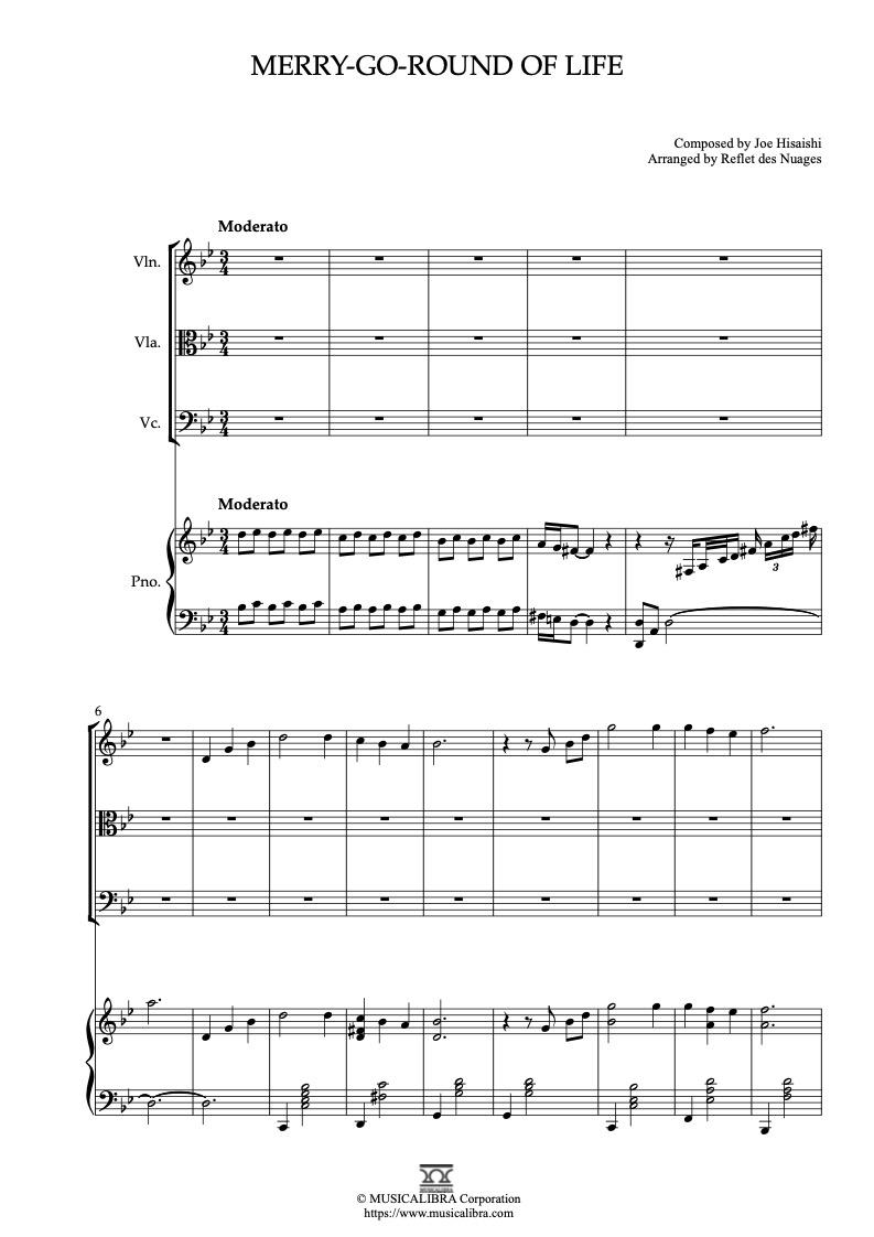 Sheet music of Merry-Go-Round of Life(Howl's Moving Castle) arranged for violin, viola, cello and piano quartet chamber ensemble preview page 1