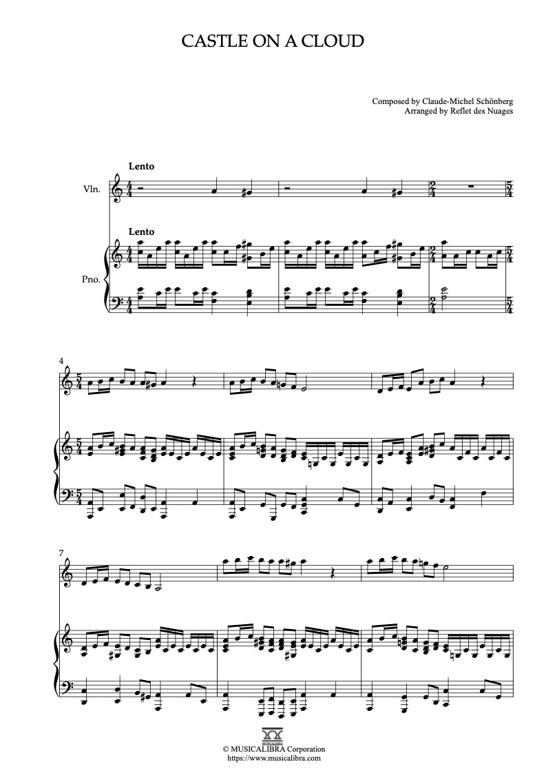 Sheet music of Les Misérables Theme Castle on a Cloud arranged for violin and piano duet chamber ensemble preview page 1