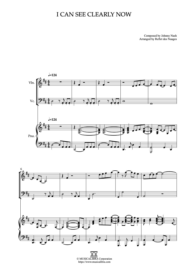 Partitura de Johnny Nash I Can See Clearly Now arreglada para trío de violín, violonchelo y piano