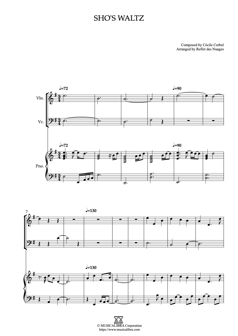 Partitura de The Secret World of Arrietty Sho's Waltz arreglada para trío de violín, violonchelo y piano