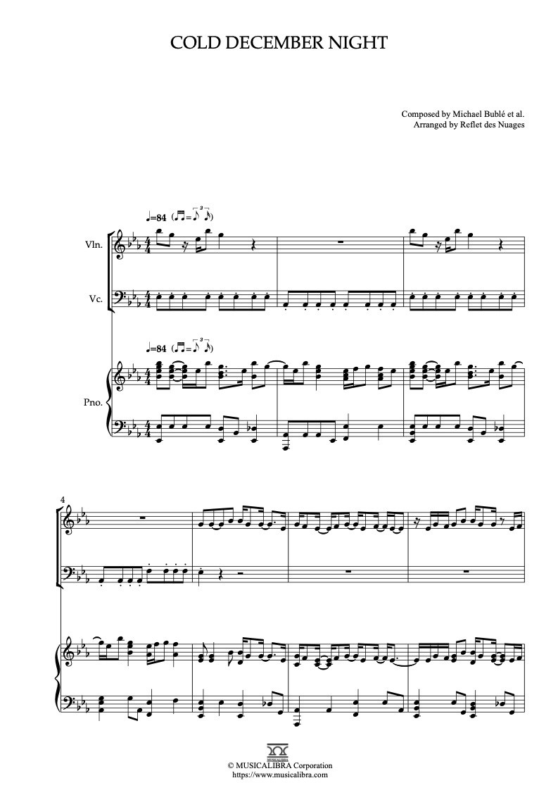 Sheet music of Michael Bublé Cold December Night arranged for violin, cello and piano trio chamber ensemble preview page 1