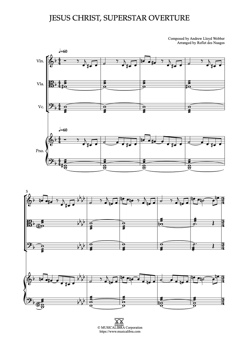 Sheet music of Jesus Christ, Superstar Overture arranged for violin, viola, cello and piano quartet chamber ensemble preview page 1
