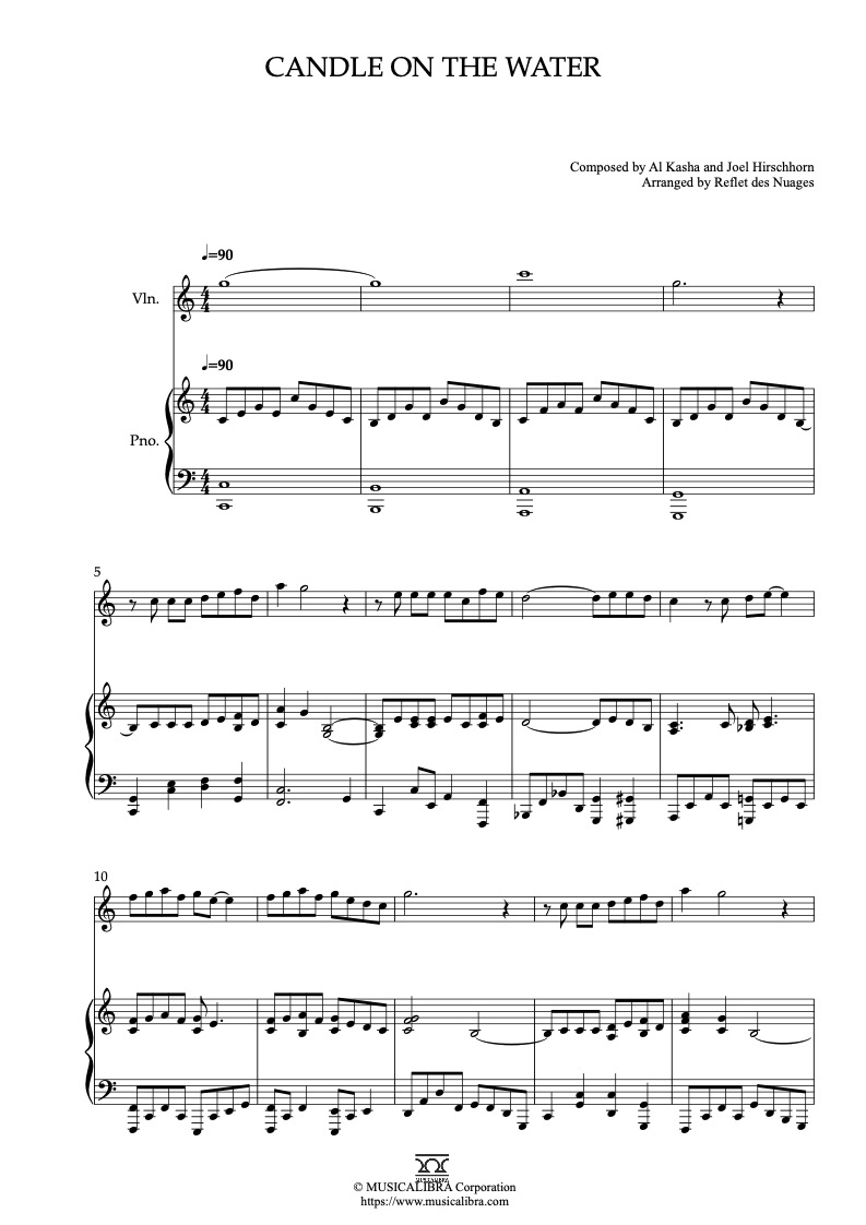 Sheet music of Pete's Dragon Candle on the Water arranged for violin and piano duet chamber ensemble preview page 1