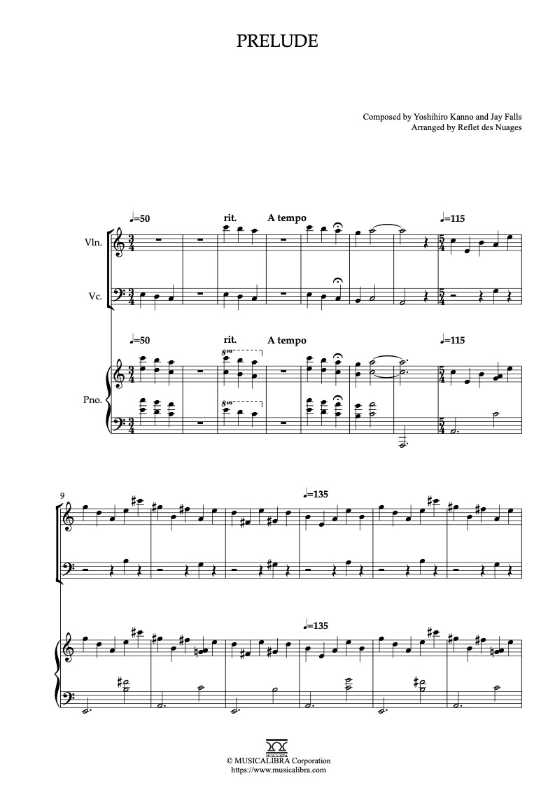 Partitura de Angel's Egg Prelude arreglada para trío de violín, violonchelo y piano