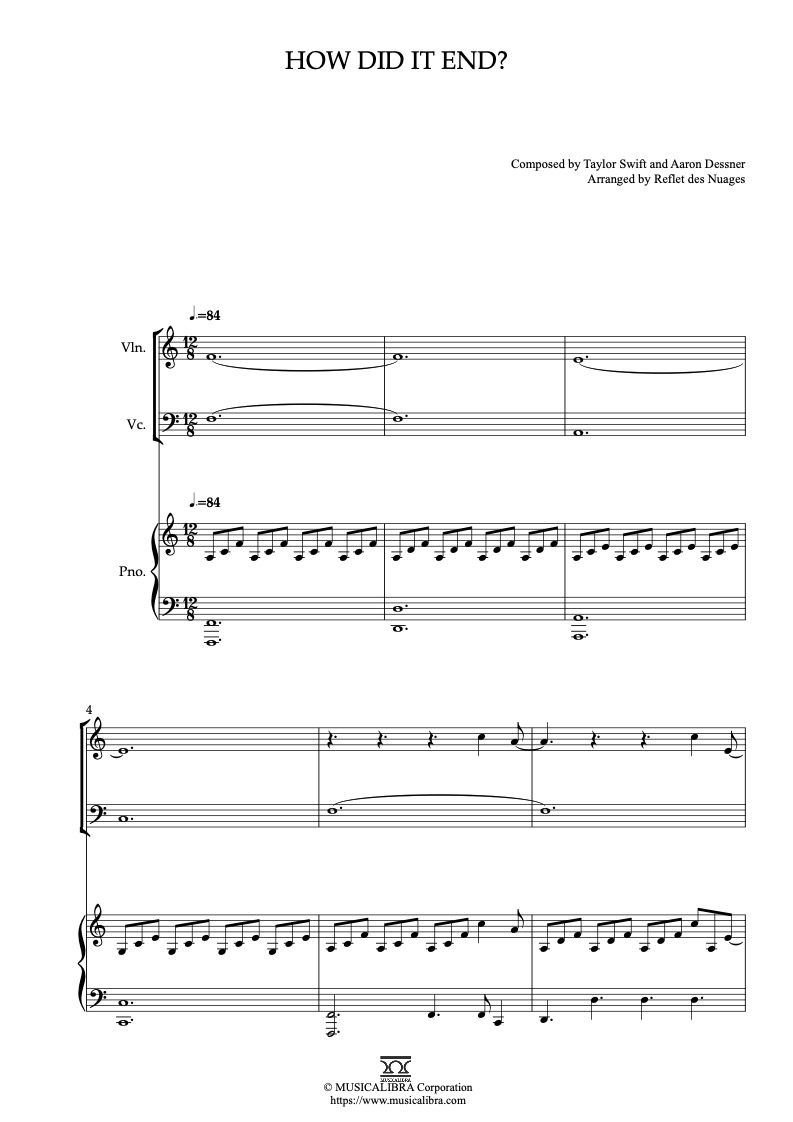 Sheet music of Taylor Swift How Did It End? arranged for violin, cello and piano trio chamber ensemble preview page 1