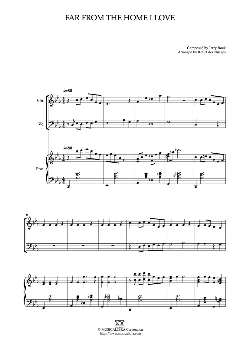 Sheet music of Fiddle on the Roof Far From the Home I Love arranged for violin, cello and piano trio chamber ensemble preview page 1