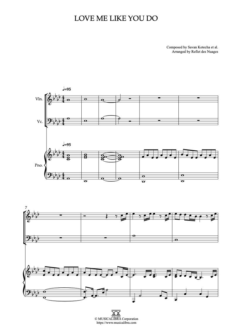 Sheet music of Ellie Goulding Love Me Like You Do arranged for violin, cello and piano trio chamber ensemble preview page 1