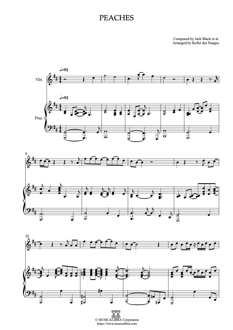 Partitura de Super Mario Bros Themes Peaches arreglada para dueto de violín y piano