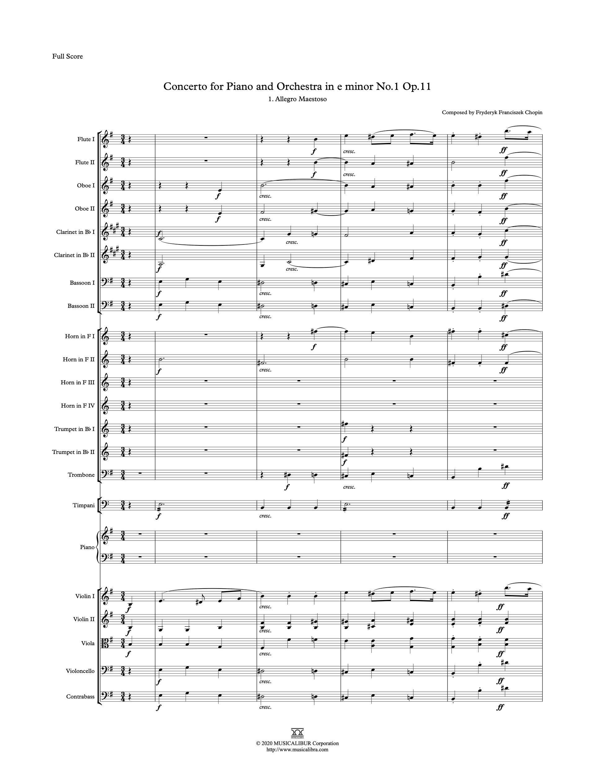 Newly notated orchestra score of Chopin's Concerto for Piano and Orchestra in e minor Op. 11, No. 1, 1st Movement, Allegro maestoso preview page 1