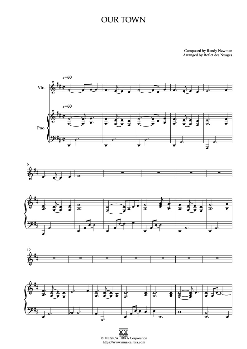 Partitura de Cars Our Town arreglada para dueto de violín y piano
