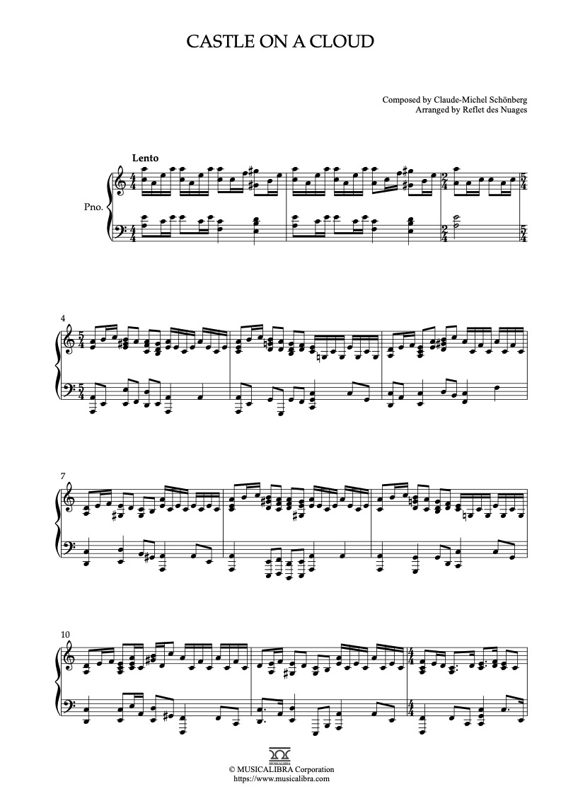 Sheet music of Les Misérables Theme Castle on a Cloud arranged for piano solo preview page 1