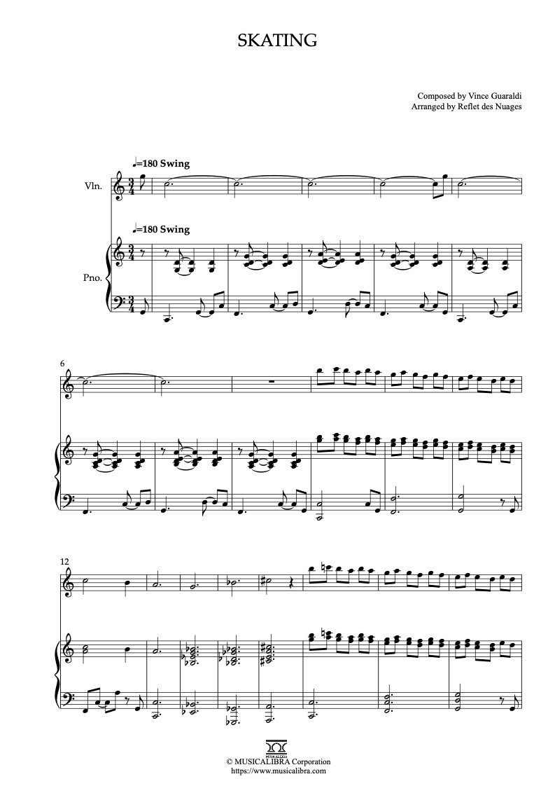 Sheet music of Vince Guaraldi Skating arranged for violin and piano duet chamber ensemble preview page 1