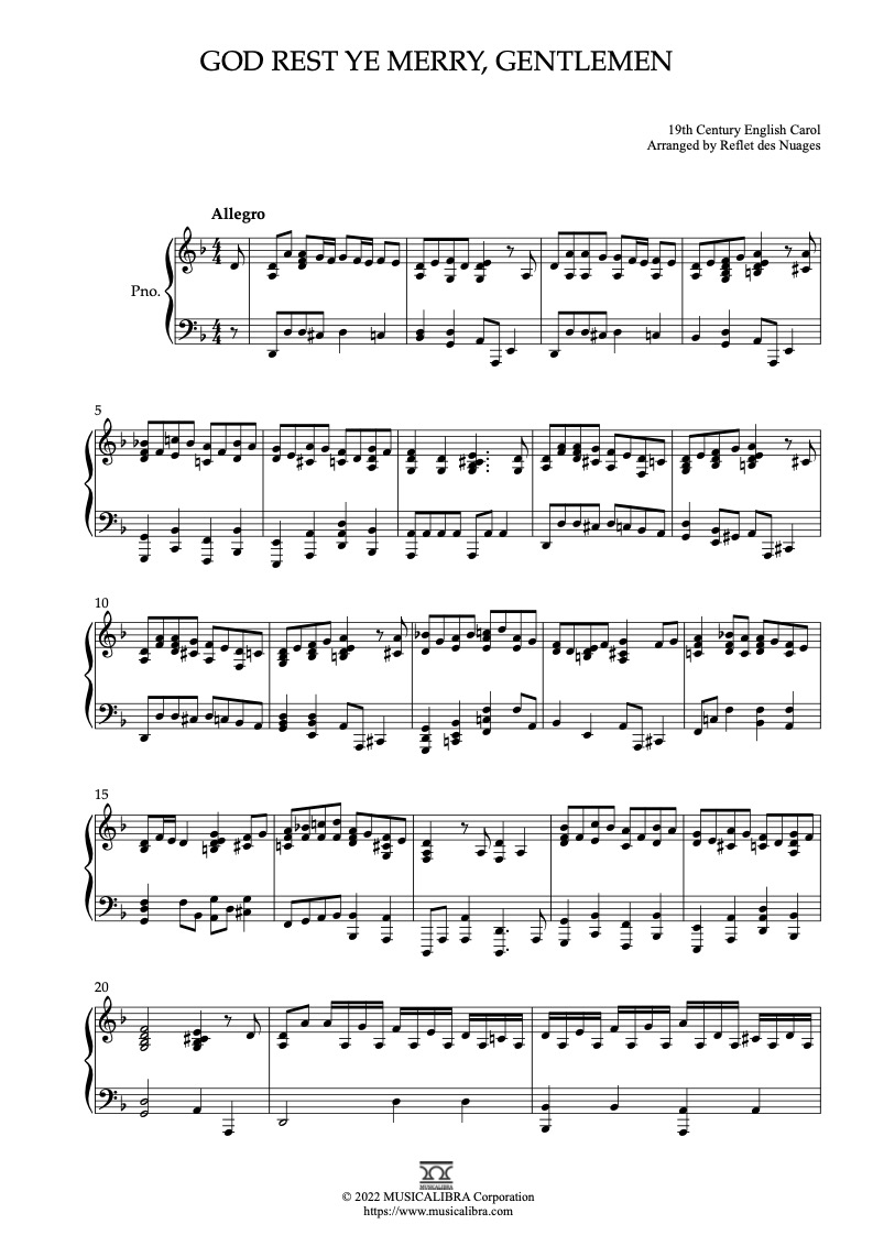 Sheet music of God Rest Ye Merry, Gentlemen arranged for piano solo preview page 1