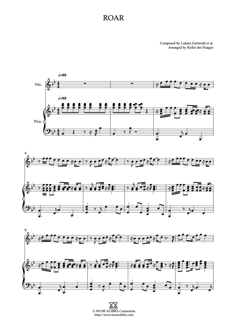 Sheet music of Katy Perry Roar arranged for violin and piano duet chamber ensemble preview page 1