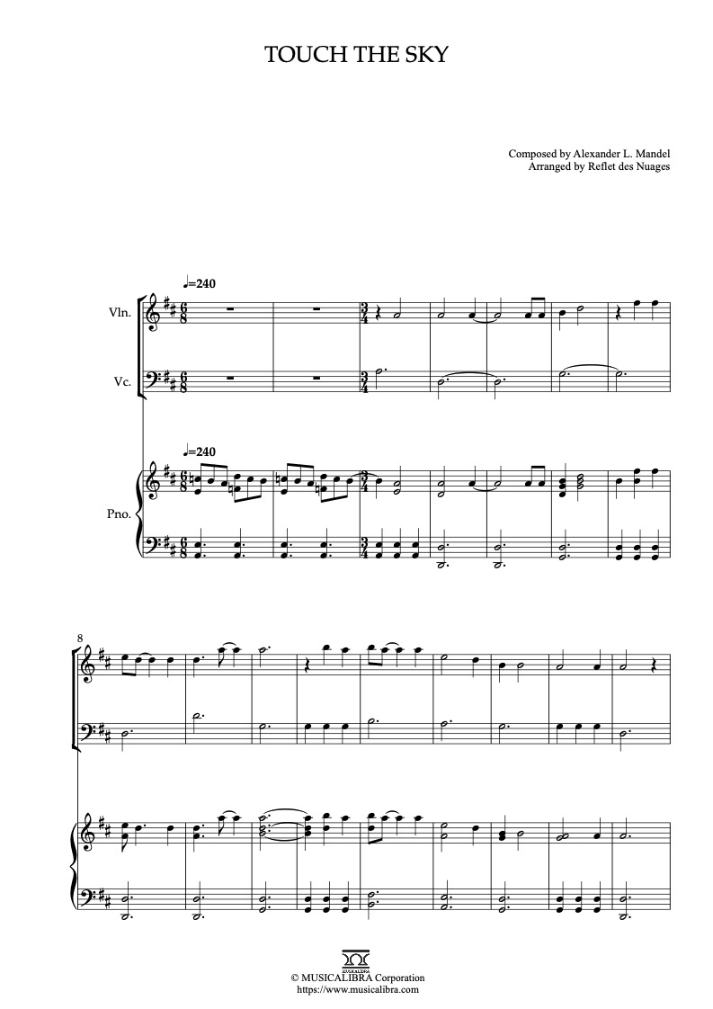 Sheet music of Brave Touch the Sky arranged for violin, cello and piano trio chamber ensemble preview page 1