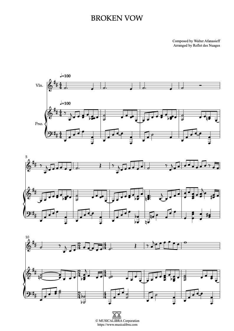 Sheet music of Lara Fabian Broken Vow arranged for violin and piano duet preview page 1
