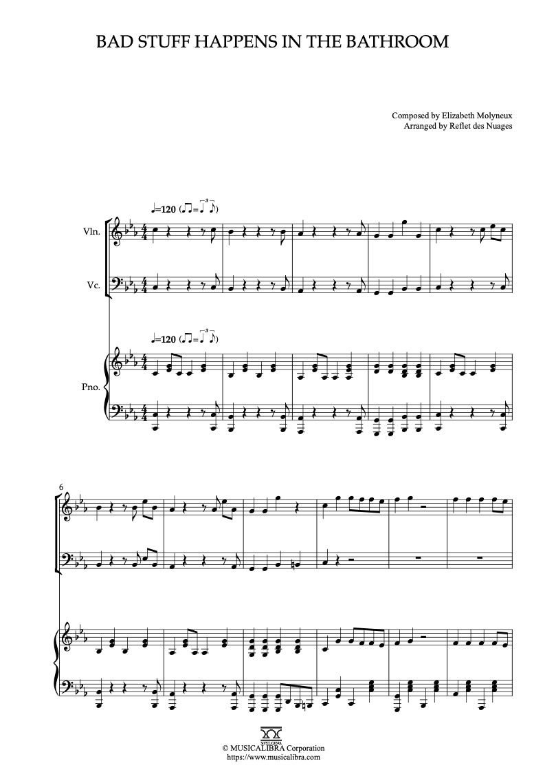 Sheet music of Bad Stuff Happens in the Bathroom arranged for violin, cello and piano trio chamber ensemble preview page 1
