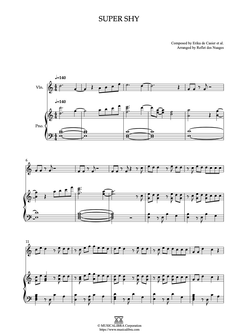 Sheet music of NewJeans Super Shy arranged for violin and piano duet preview page 1