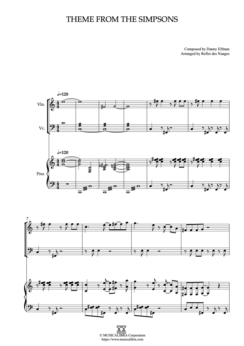Partitura de Theme from The Simpsons arreglada para trío de violín, violonchelo y piano