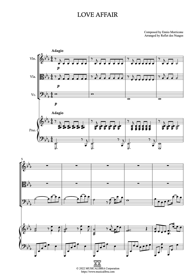 Sheet music of Love Affair arranged for violin, viola, cello and piano quartet chamber ensemble preview page 1