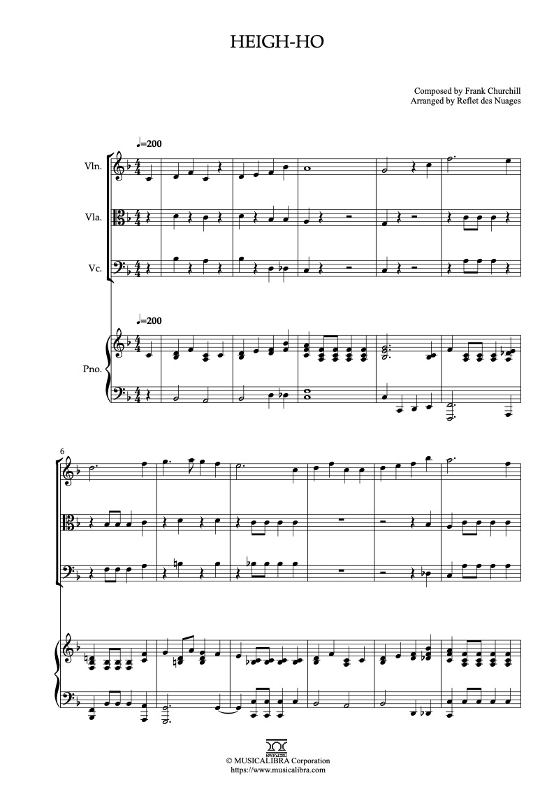 Sheet music of Snow White and the Seven Dwarfs Heigh-Ho arranged for violin, viola, cello and piano quartet chamber ensemble preview page 1