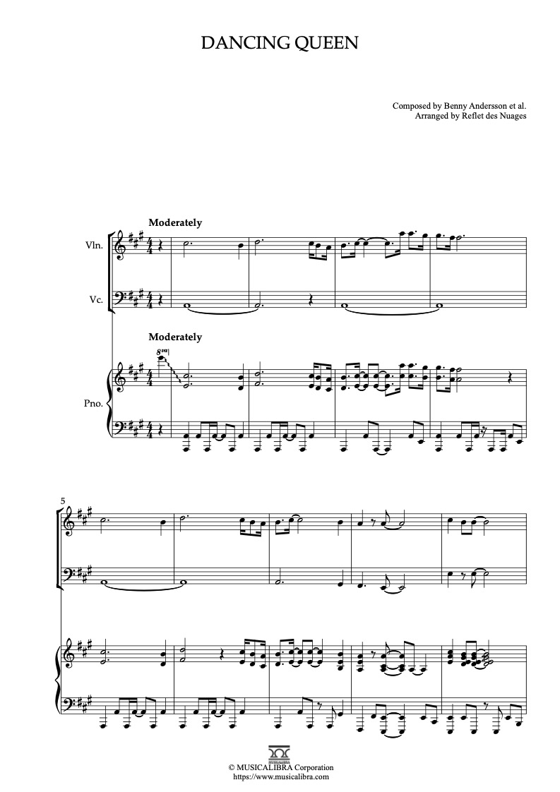 ABBA Dancing Queen 三重奏 乐谱 - 小提琴, 大提琴, 钢琴