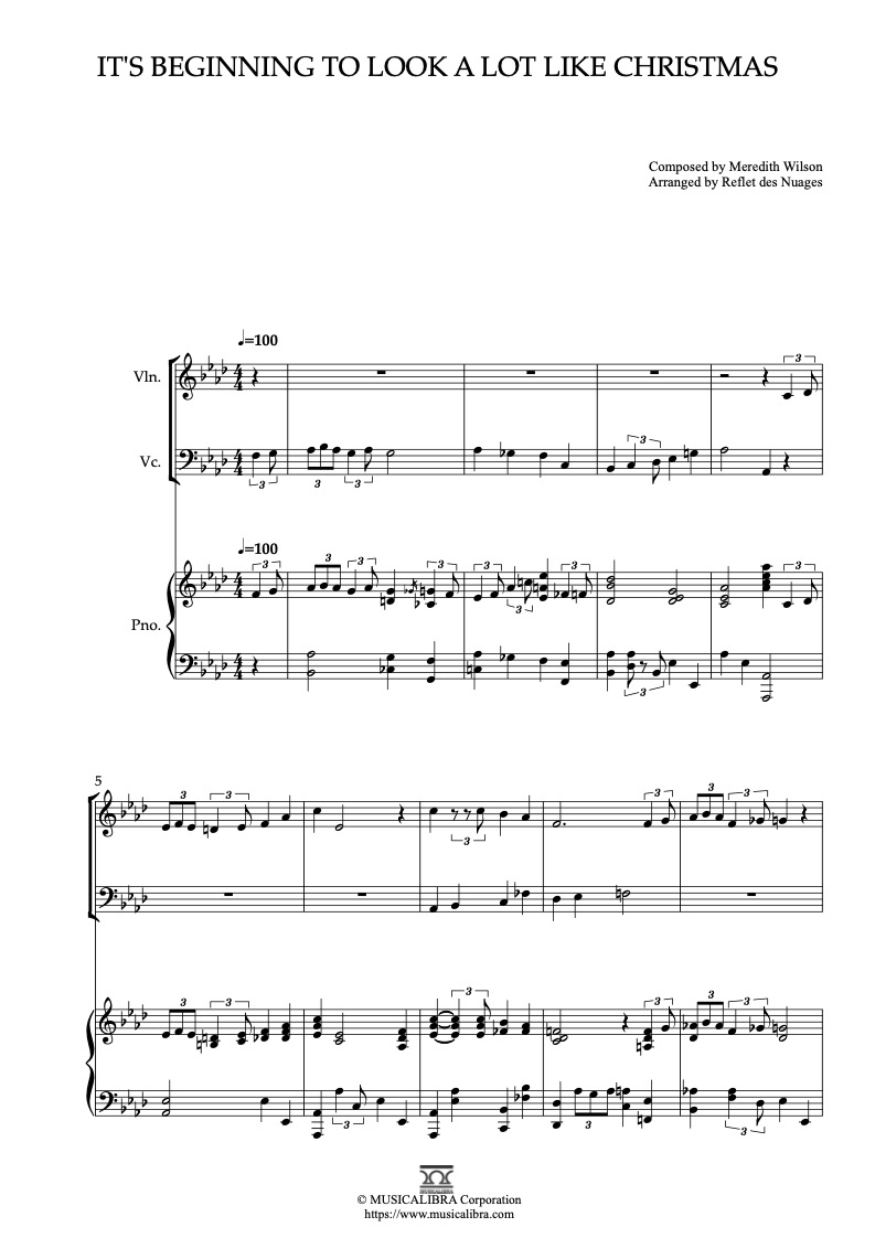 It's Beginning to Look a Lot Like Christmas 編曲楽譜 - ヴァイオリン、チェロ、ピアノトリオ