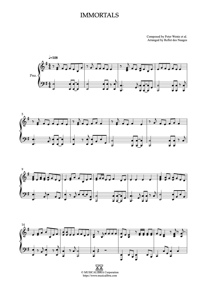 Partitura de Big Hero 6 Immortals arreglada para piano solo