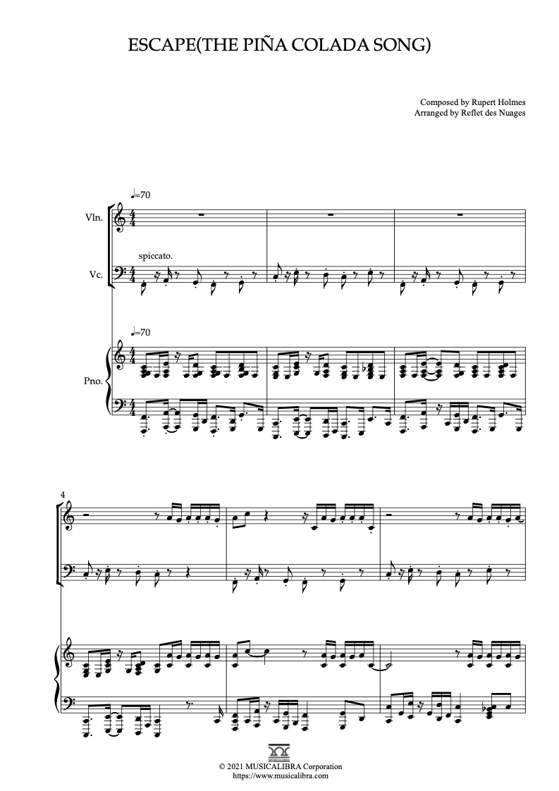 Rupert Holmes Escape(The Piña Colada Song) 編曲楽譜 - ヴァイオリン、チェロ、ピアノトリオ