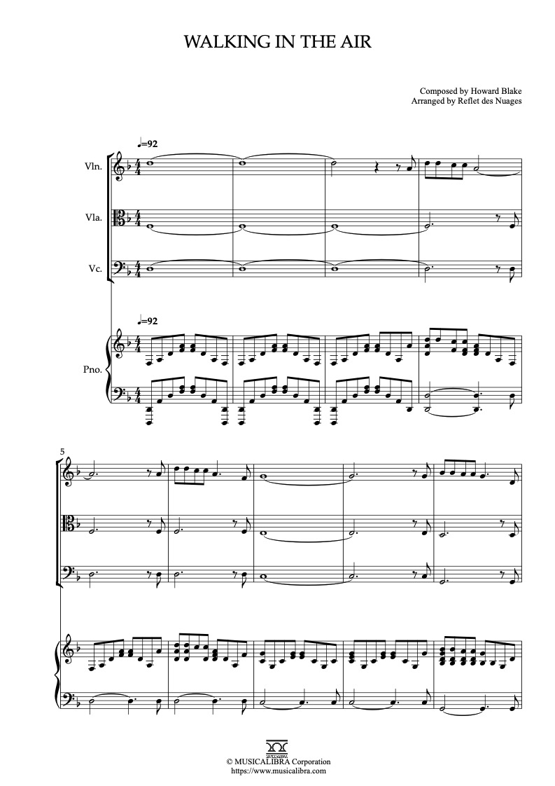 The Snowman Walking in the Air 編曲楽譜 - ヴァイオリン、ビオラ、チェロ、ピアノ 室内楽 カルテット アンサンブル
