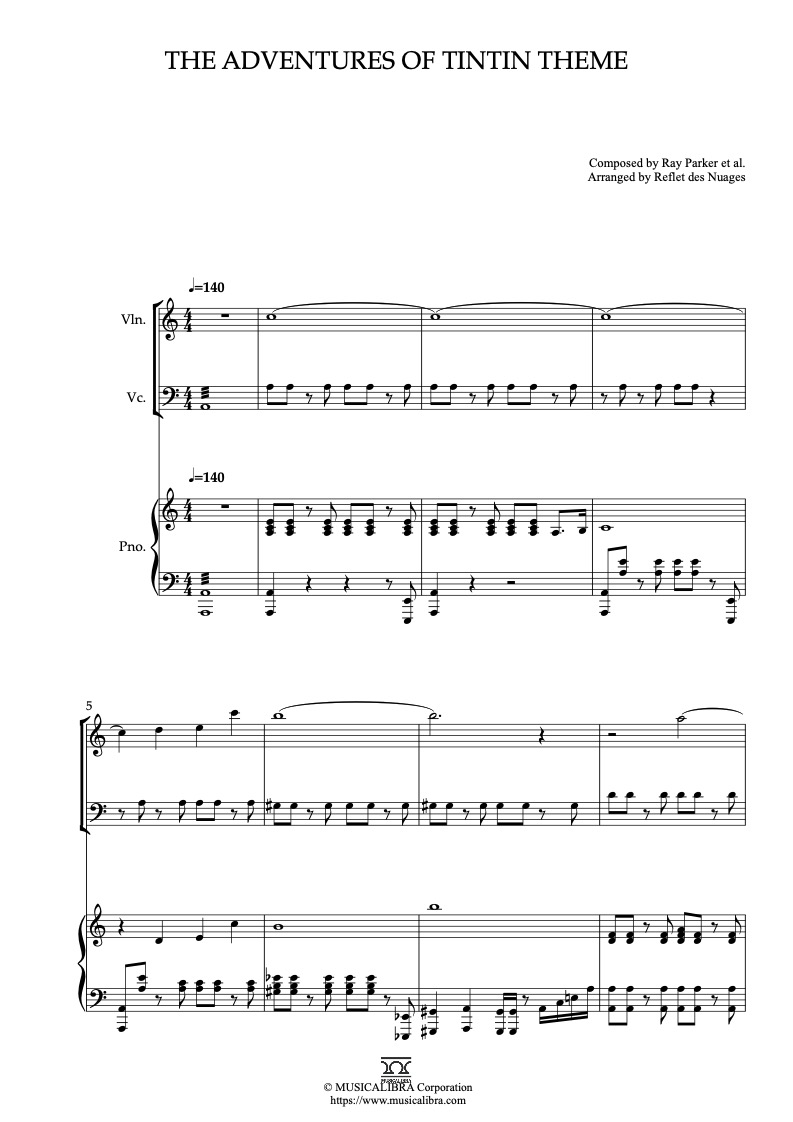 Partitura de The Adventures of Tintin Theme arreglada para trío de violín, violonchelo y piano