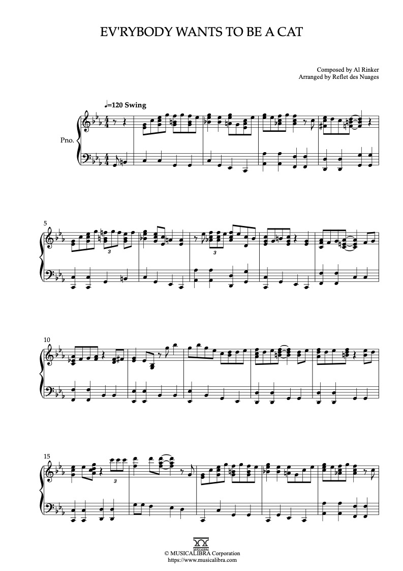 The Aristocats Ev'rybody Wants to Be a Cat ピアノソロ 編曲 楽譜