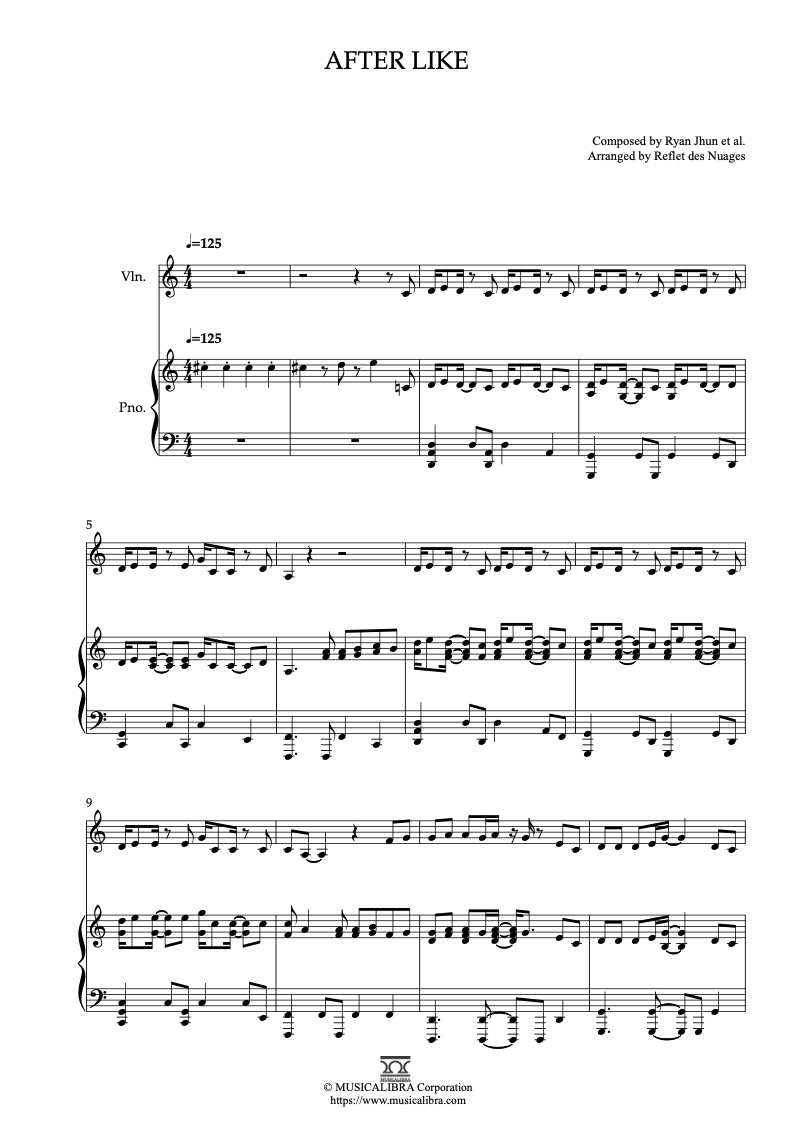 Sheet music of IVE After LIKE arranged for violin and piano duet chamber ensemble preview page 1