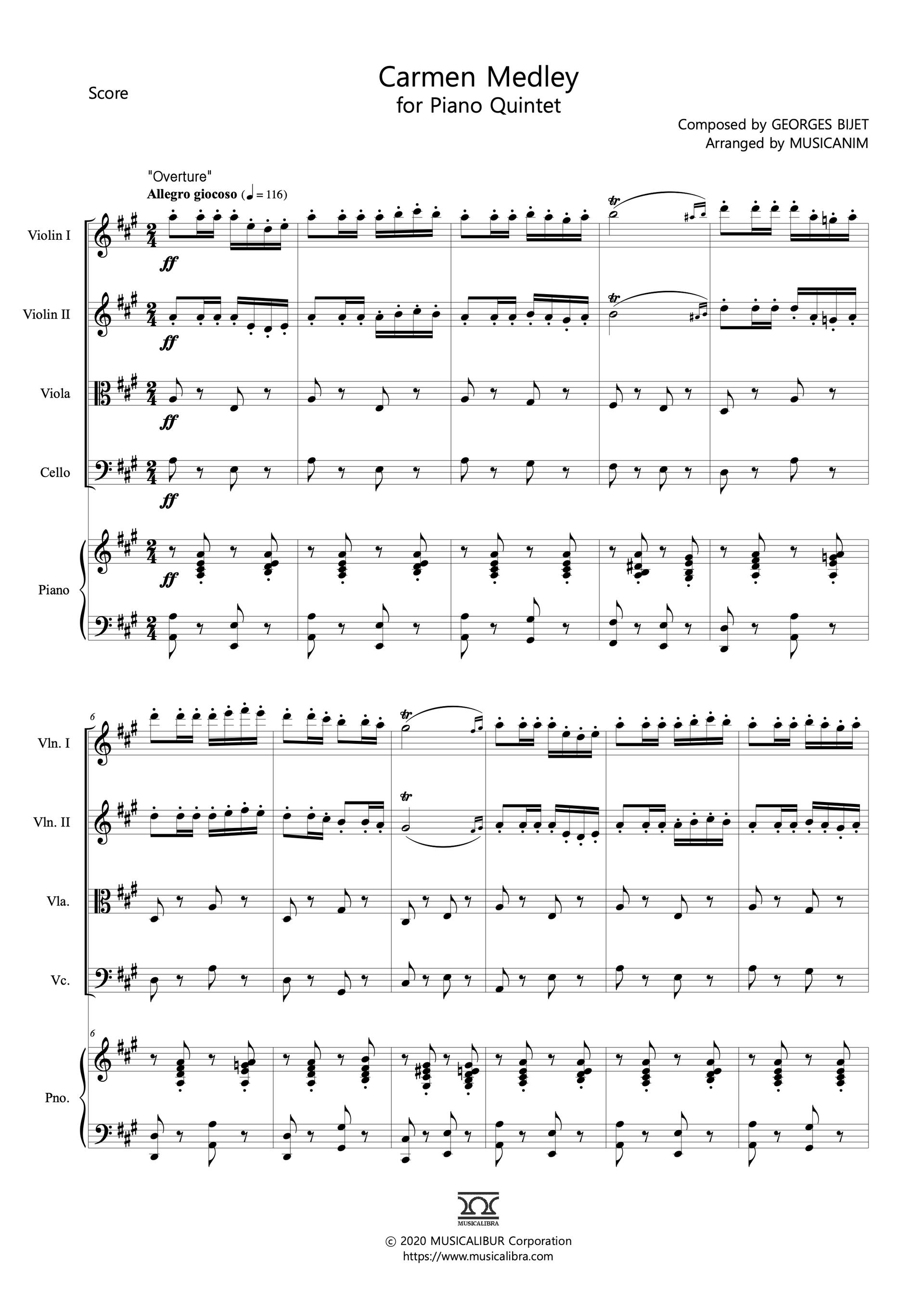 Sheet music of Carmen Medley arranged for violins, viola, cello and piano quintet preview page 1