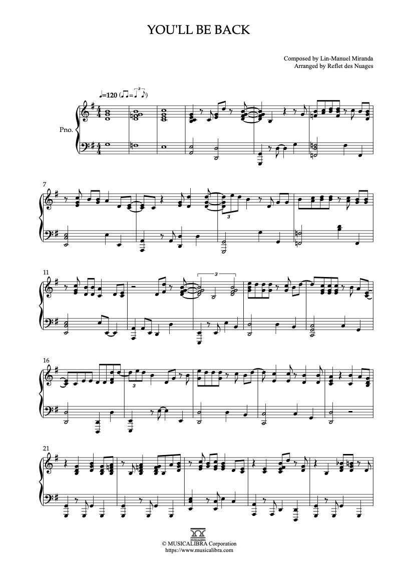 Hamilton Themes You'll Be Back 钢琴 独奏 乐谱