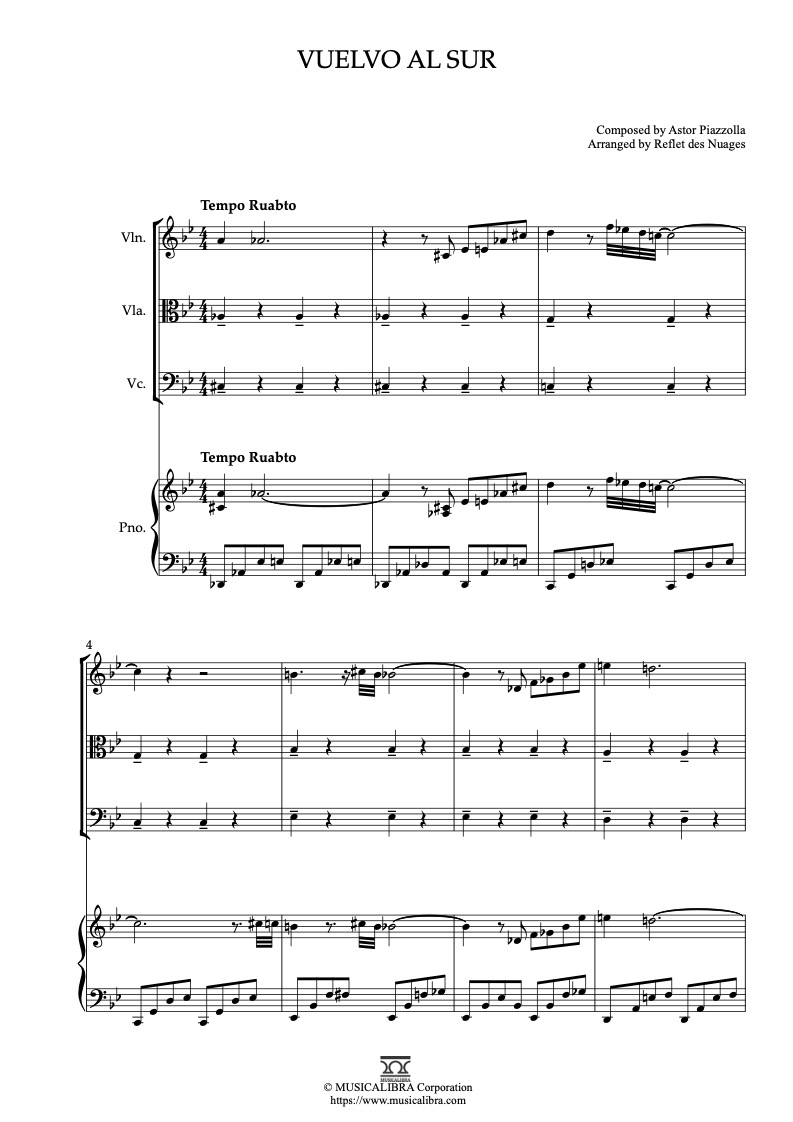 Astor Piazzola Vuelvo al Sur 四重奏 乐谱 - 小提琴, 中提琴, 大提琴, 钢琴