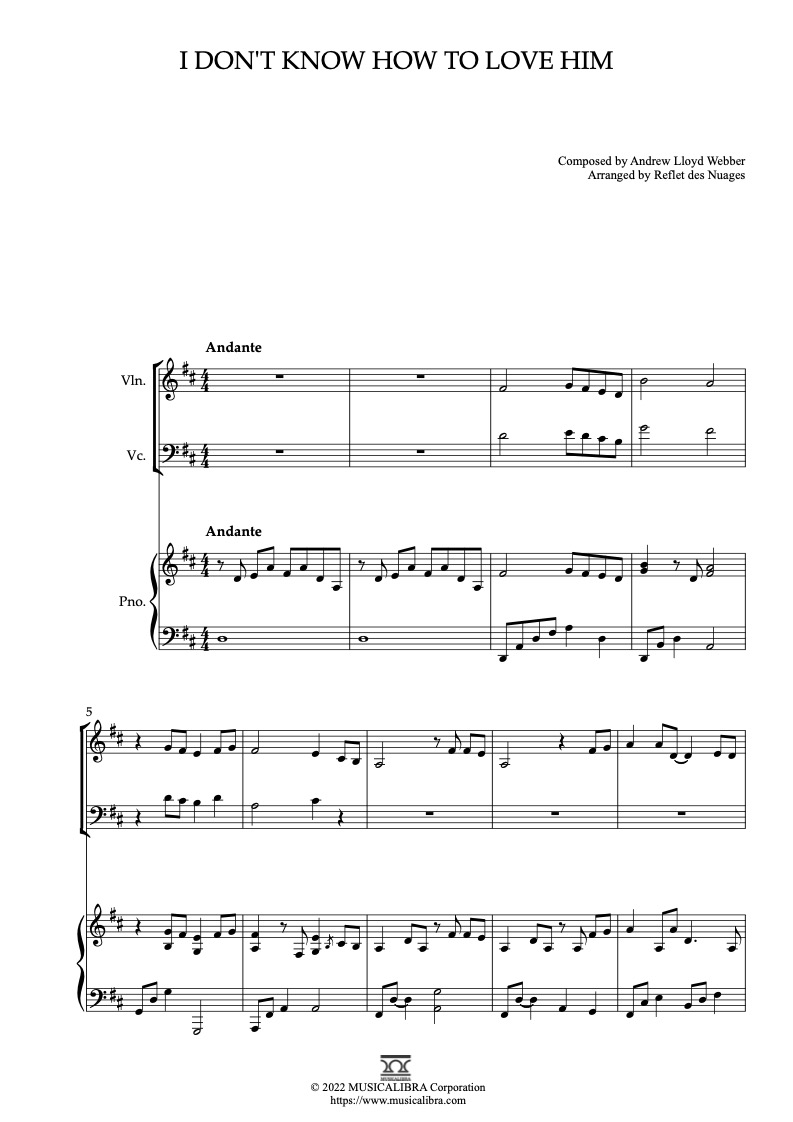 Partitura de I Don't Know How to Love Him arreglada para trío de violín, violonchelo y piano