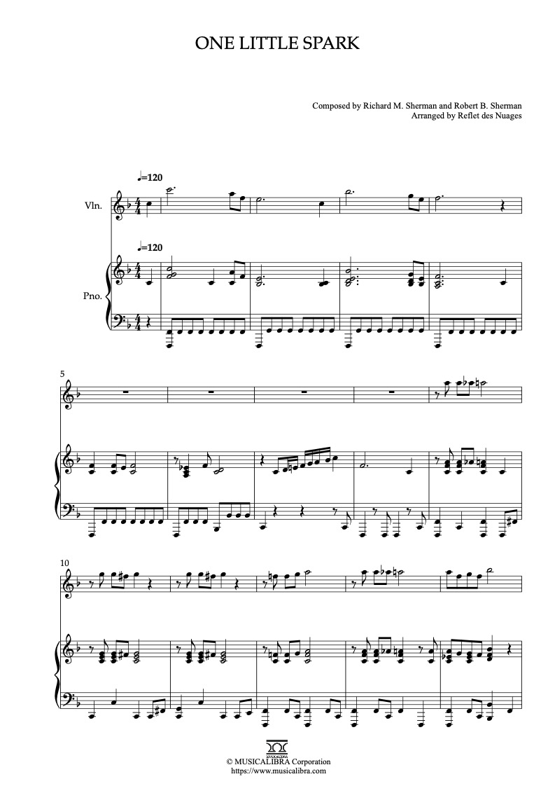 Partitura de One Little Spark arreglada para dueto de violín y piano