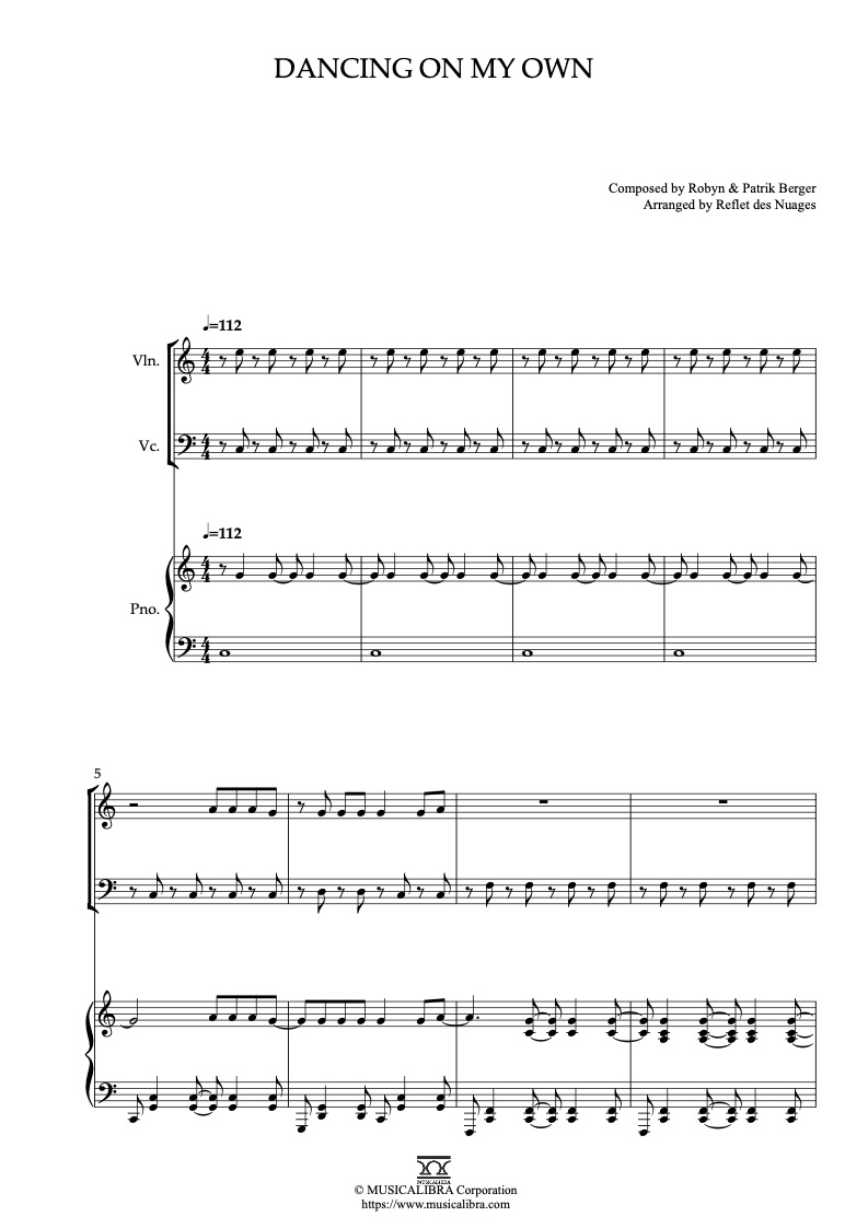 Partitura de Robyn Dancing on My Own arreglada para trío de violín, violonchelo y piano